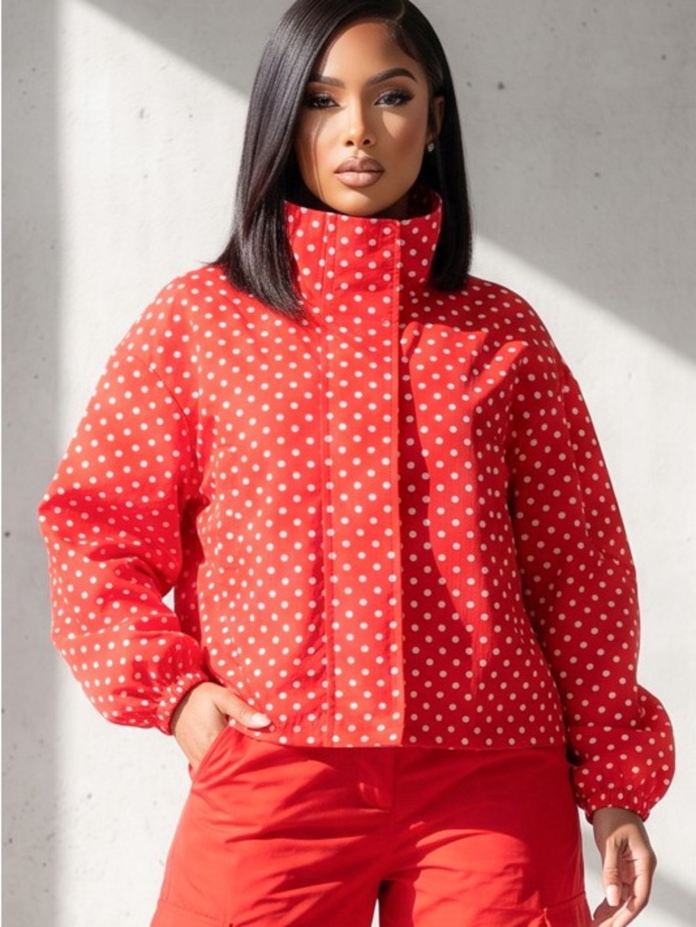 Red Polka Dot Puffer Jacket - Women's Short Coat J-73198